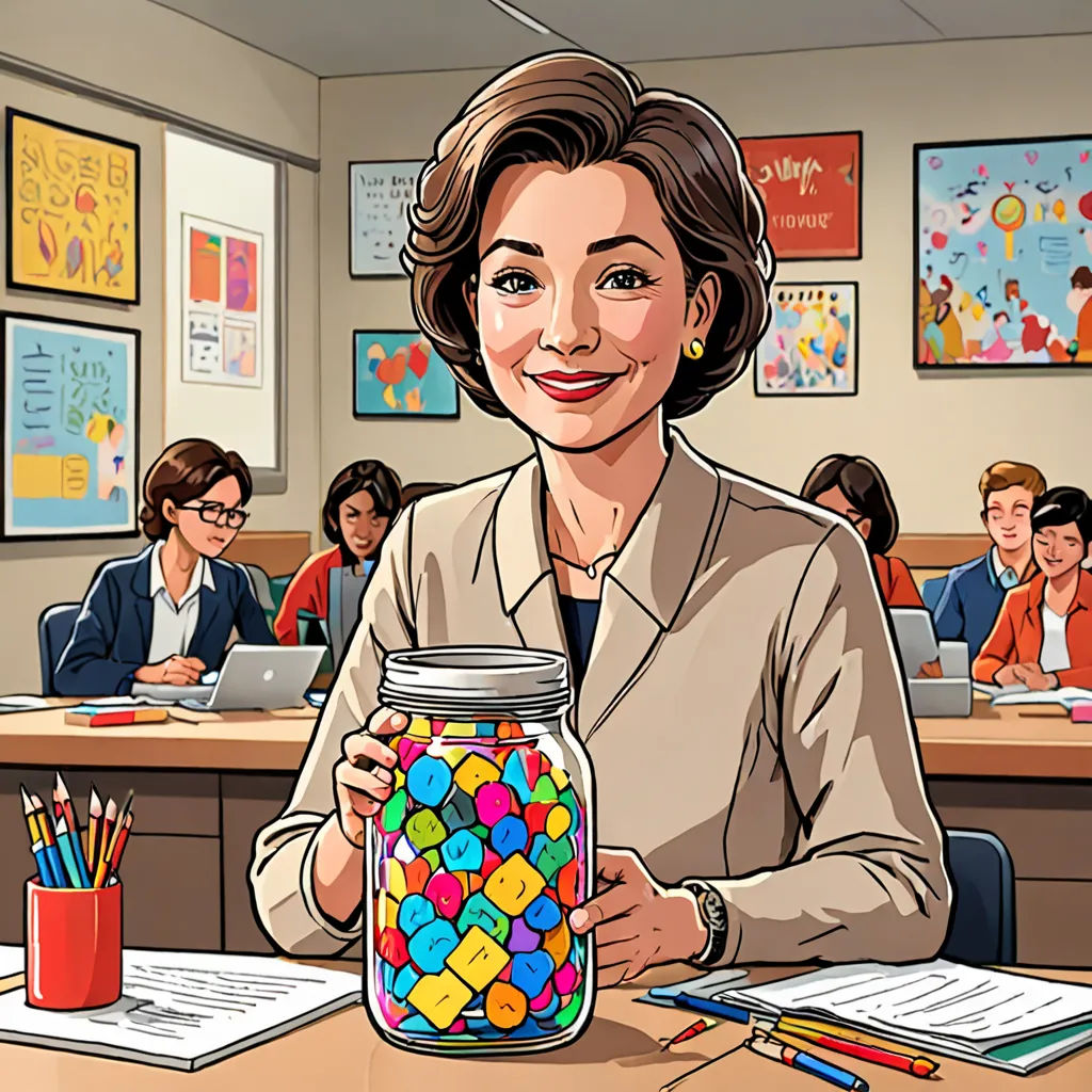 a woman holding a jar of candy in a classroom with other people in the background and a cartoon of a woman holding a jar of candy, academic art, a character portrait, Brenda Chamberlain, promotional image