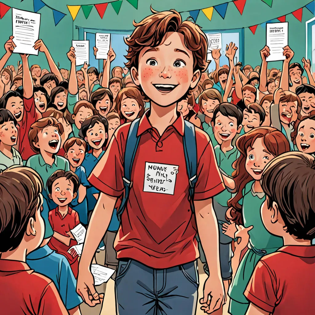 a boy in a red shirt is surrounded by a crowd of people with signs on their backs and hands, private press, a storybook illustration, Diego Gisbert Llorens, comic cover art