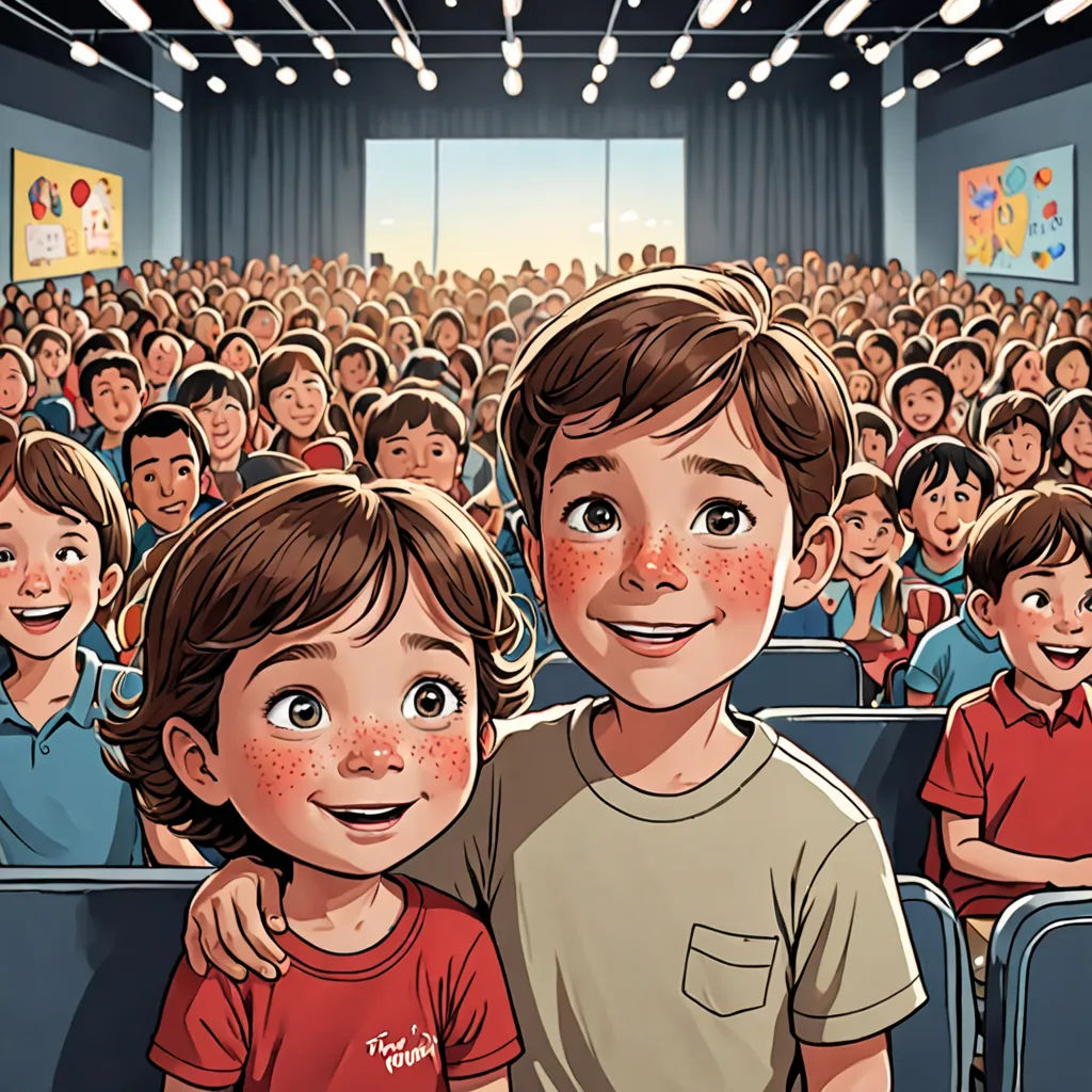 a boy and girl standing in front of a crowd of people in a theater with red spots on their faces, vancouver school, a comic book panel, Diego Gisbert Llorens, comic cover art