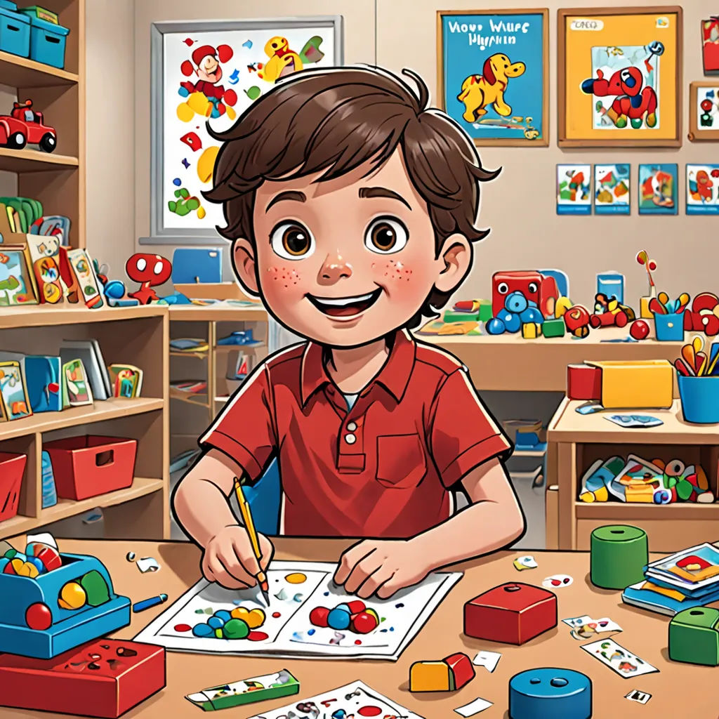 a boy is sitting at a table with a book and a pencil in his hand and a picture of him, lyco art, a storybook illustration, Diego Gisbert Llorens, art station