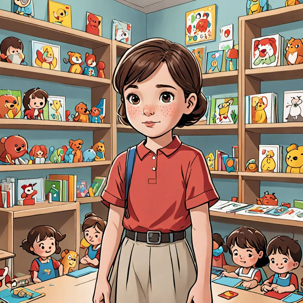 a cartoon of a girl standing in front of a room full of children with teddy bears on the shelves, art & language, a storybook illustration, Diego Gisbert Llorens, storybook illustration