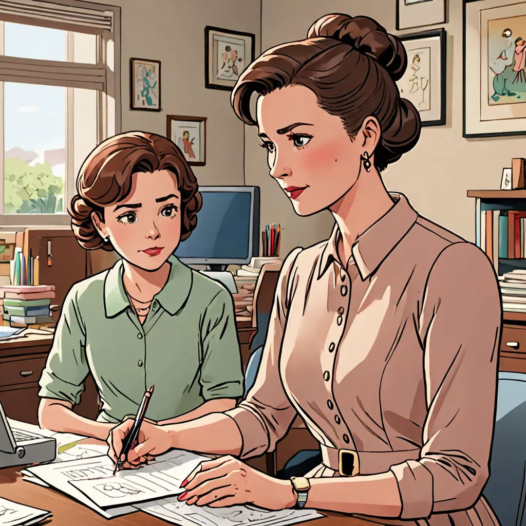 a woman sitting at a desk with a woman in front of her on a computer screen and a woman in the background, remodernism, a comic book panel, Ada Gladys Killins, graphic novel