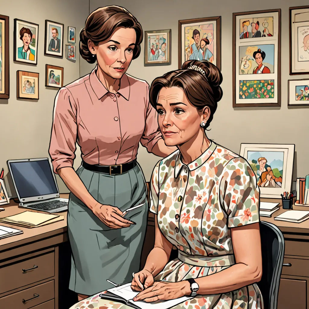 a woman sitting at a desk with a woman standing next to her on her lap top and a laptop on her desk, remodernism, a comic book panel, Chris Ware, promotional image