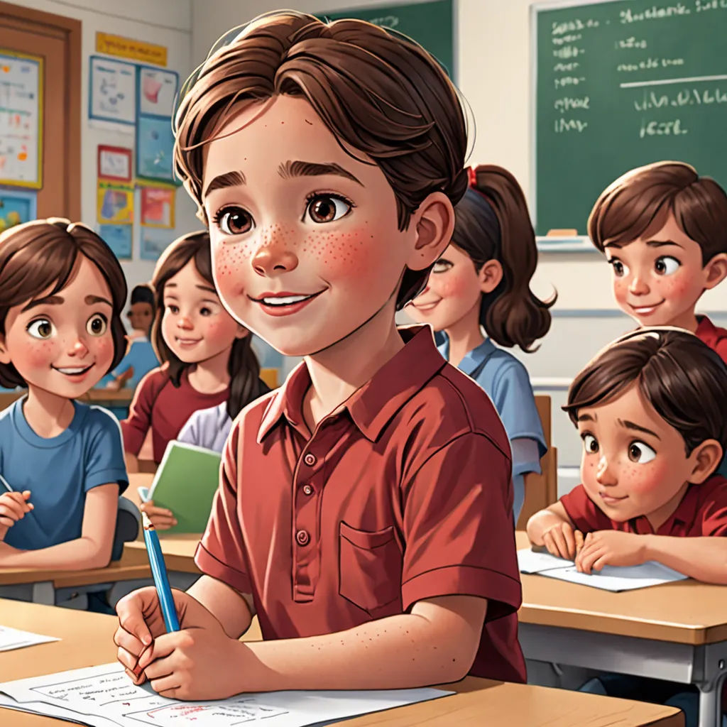 a boy in a classroom with a pencil in his hand and a group of other children behind him in the background, vancouver school, a storybook illustration, Bob Byerley, storybook illustration