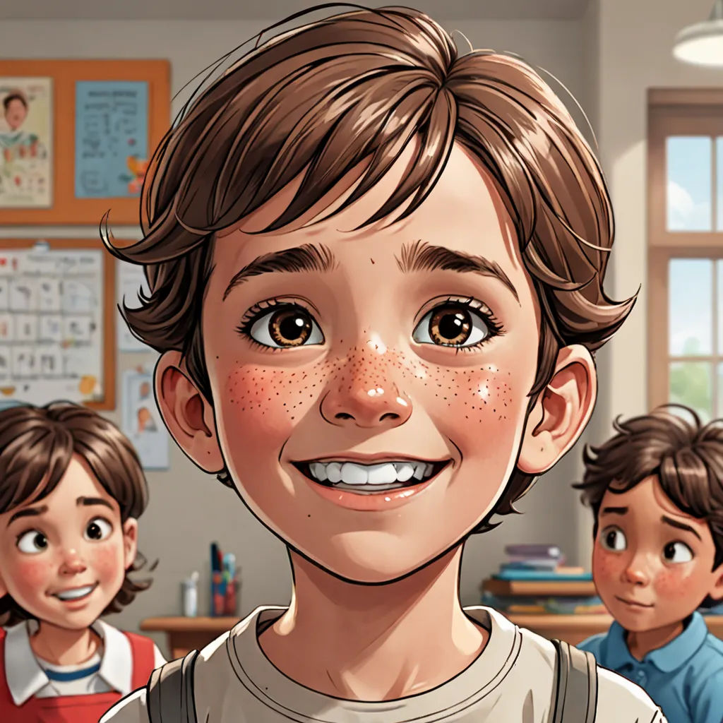 a boy with freckles on his face and three other boys in the background in a classroom with a clock, vancouver school, a character portrait, Aaron Jasinski, official art
