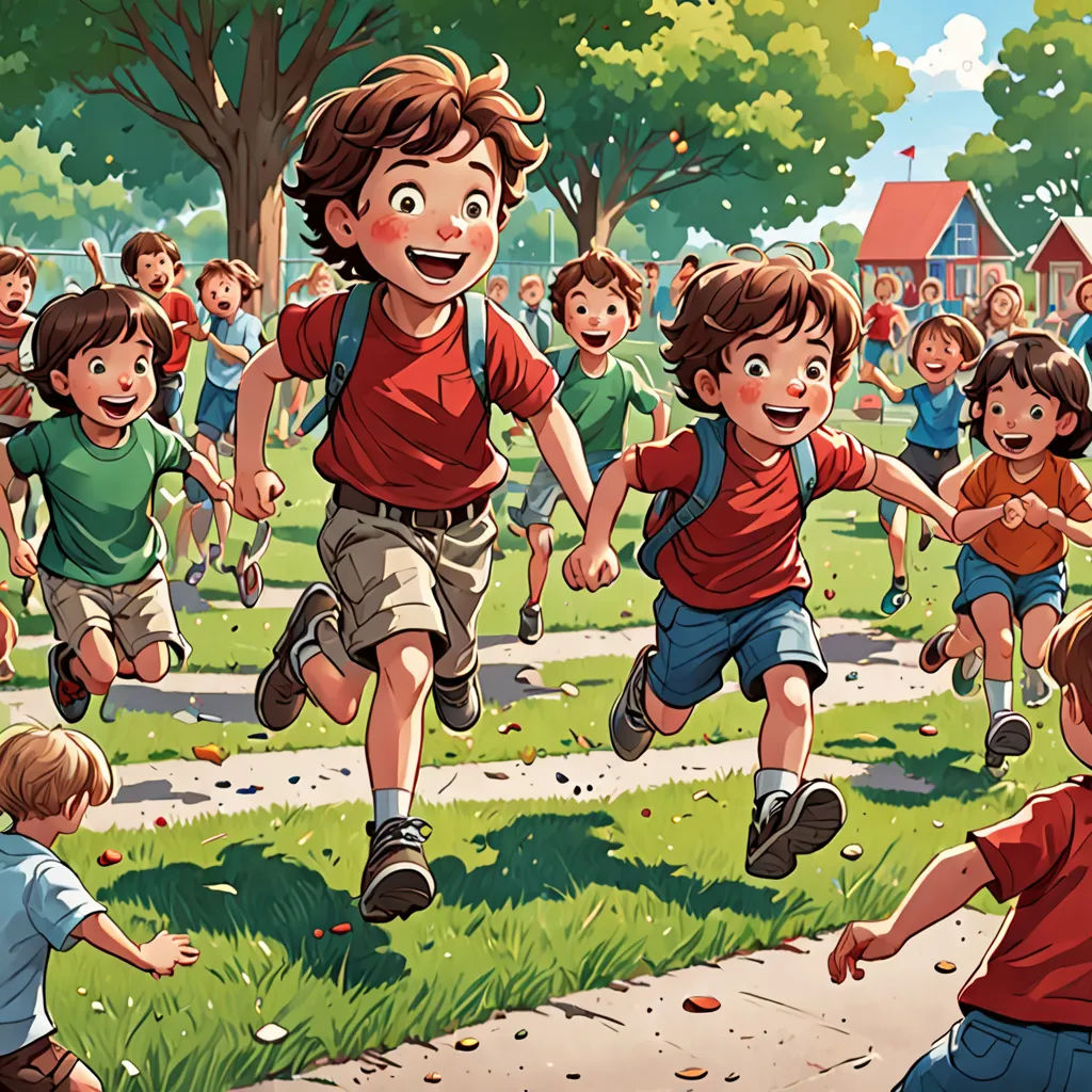 a group of children running down a sidewalk in a park with a dog nearby on a leash and a dog on the ground, american scene painting, a storybook illustration, Aaron Jasinski, storybook illustration