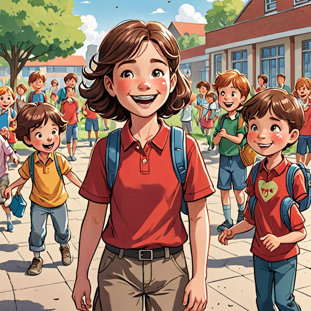 a cartoon of a woman and two boys walking down a sidewalk with a group of children behind her on a sunny day, danube school, a storybook illustration, Florence Engelbach, comic cover art