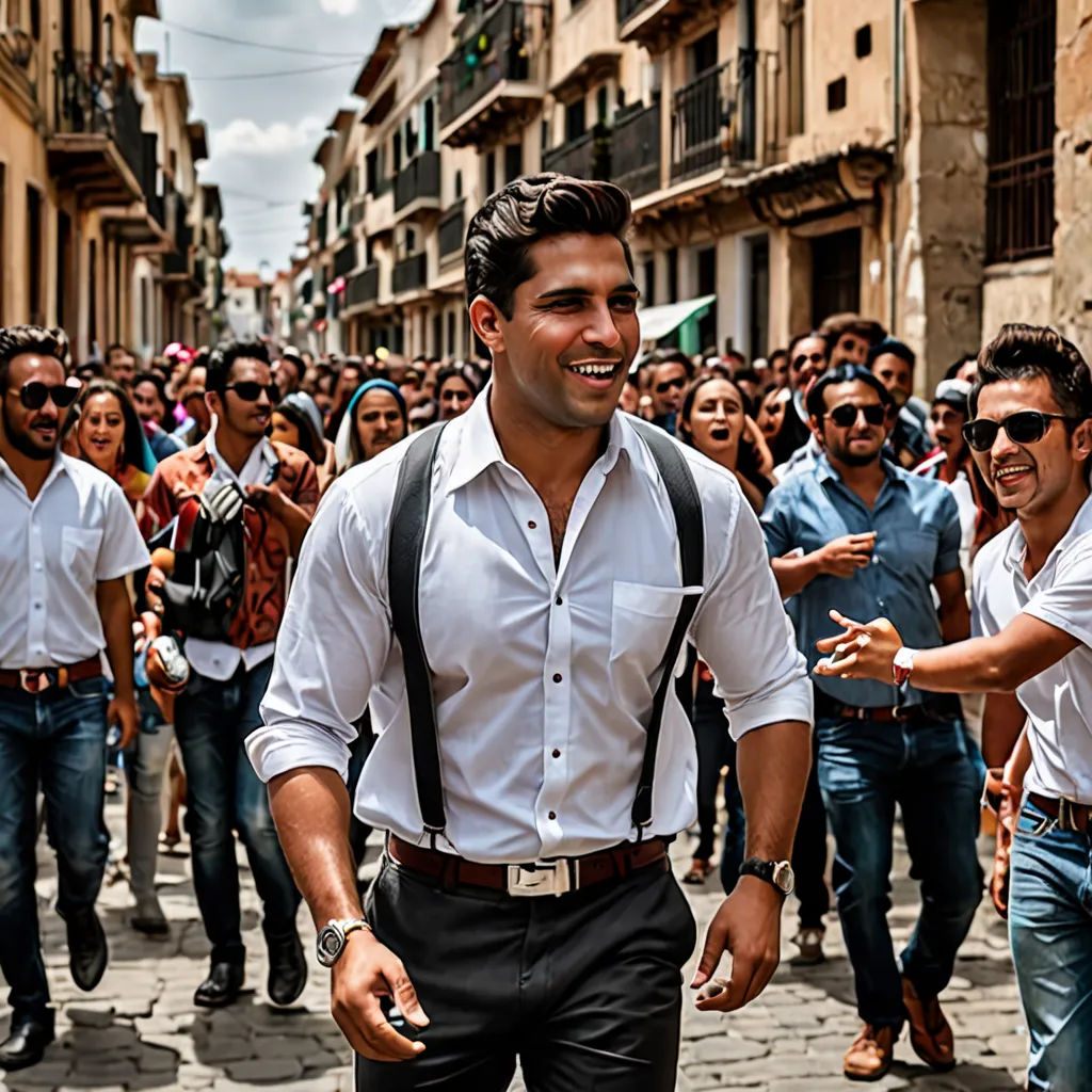 a man in suspenders and a white shirt is walking in a crowd of people in a street with buildings, renaissance, a poster, Fathi Hassan, promotional image