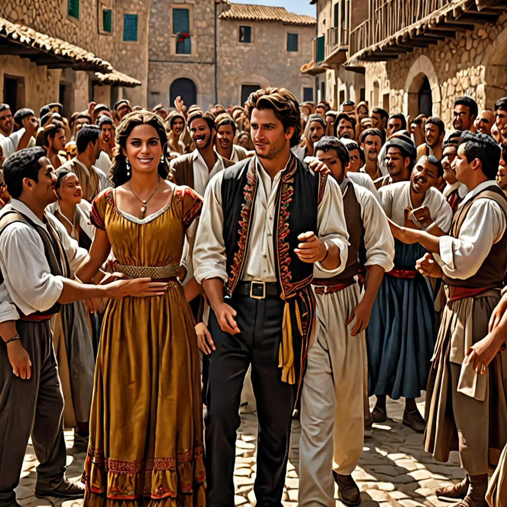 a man and woman in costume standing in front of a crowd of people in a village, with a man in a brown dress, magical realism, a detailed matte painting, Dosso Dossi, promotional image