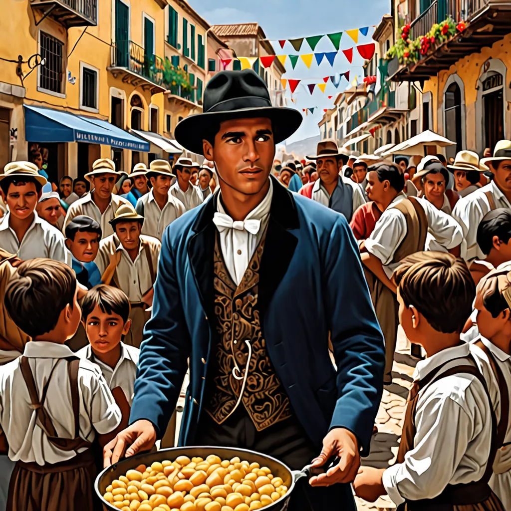 a painting of a man holding a tray of food in front of a crowd of people in a town, massurrealism, a detailed matte painting, Carpoforo Tencalla, oil on canvas. cinematic