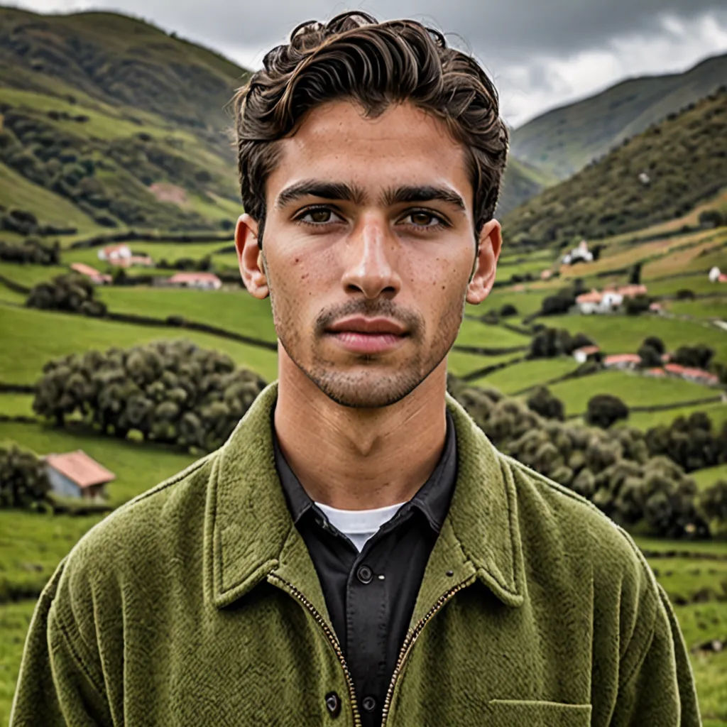 a man standing in front of a lush green hillside with houses on it and a cloudy sky above him, aestheticism, a character portrait, Esteban Vicente, promotional image