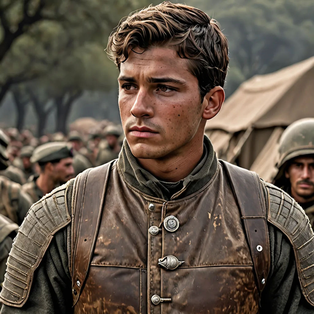 a man in a leather outfit standing in front of a group of soldiers in uniform with a tent in the background, antipodeans, a colorized photo, Ettore Tito, 8 k hd resolution