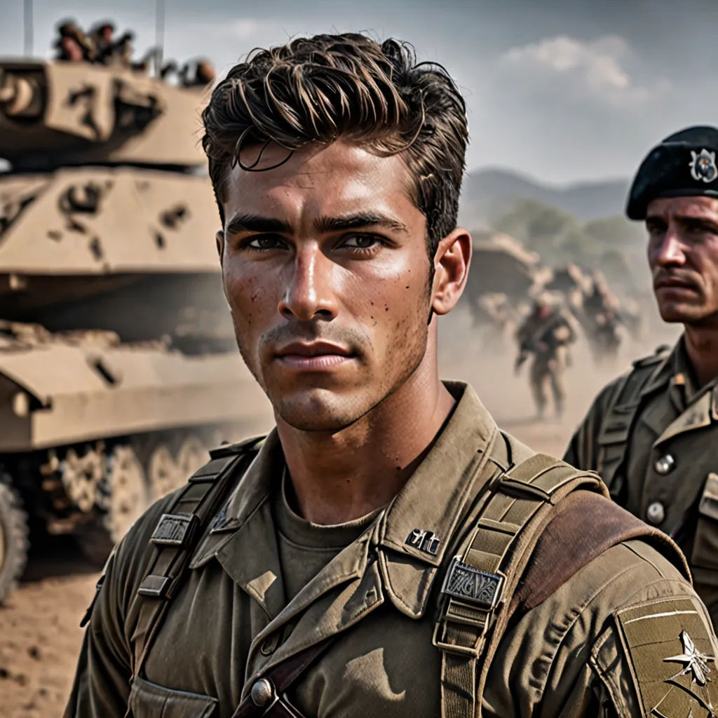 two men in military uniforms standing next to a tank in the desert with other men in the background and a mountain in the distance, cobra, a poster, Arthur Sarkissian, promotional image