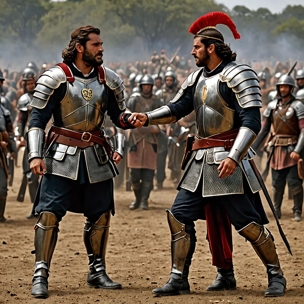two men in armor shaking hands in front of a crowd of people in full armor and helmets on a dirt field, antipodeans, concept art, Altoon Sultan, promotional image