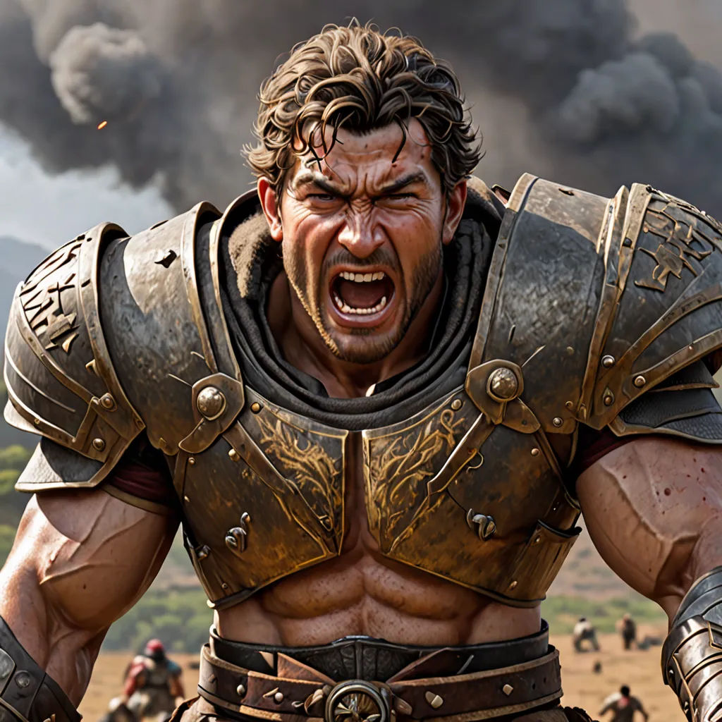 a man in a gladiator outfit with a huge fire in the background and a huge cloud of smoke, antipodeans, computer graphics, Clint Cearley, epic fantasy character art