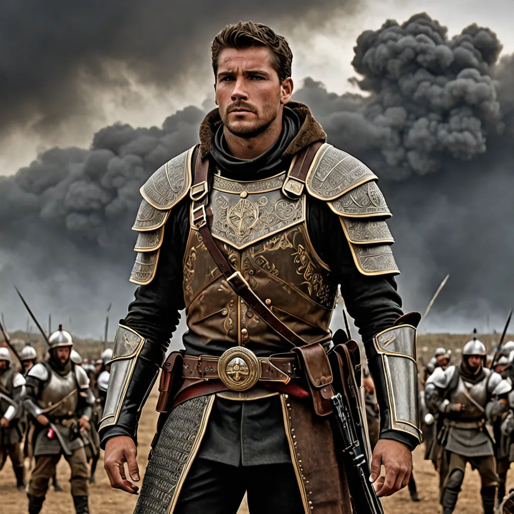 a man in armor standing in front of a group of men in armor with guns in their hands and smoke billowing from the sky, antipodeans, a poster, Alexander Kucharsky, promotional image