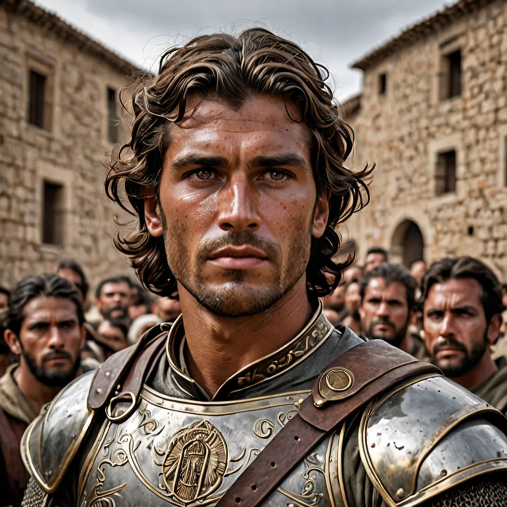 a man in a suit of armor standing in front of a crowd of men in front of a building, antipodeans, a character portrait, Altoon Sultan, promotional image