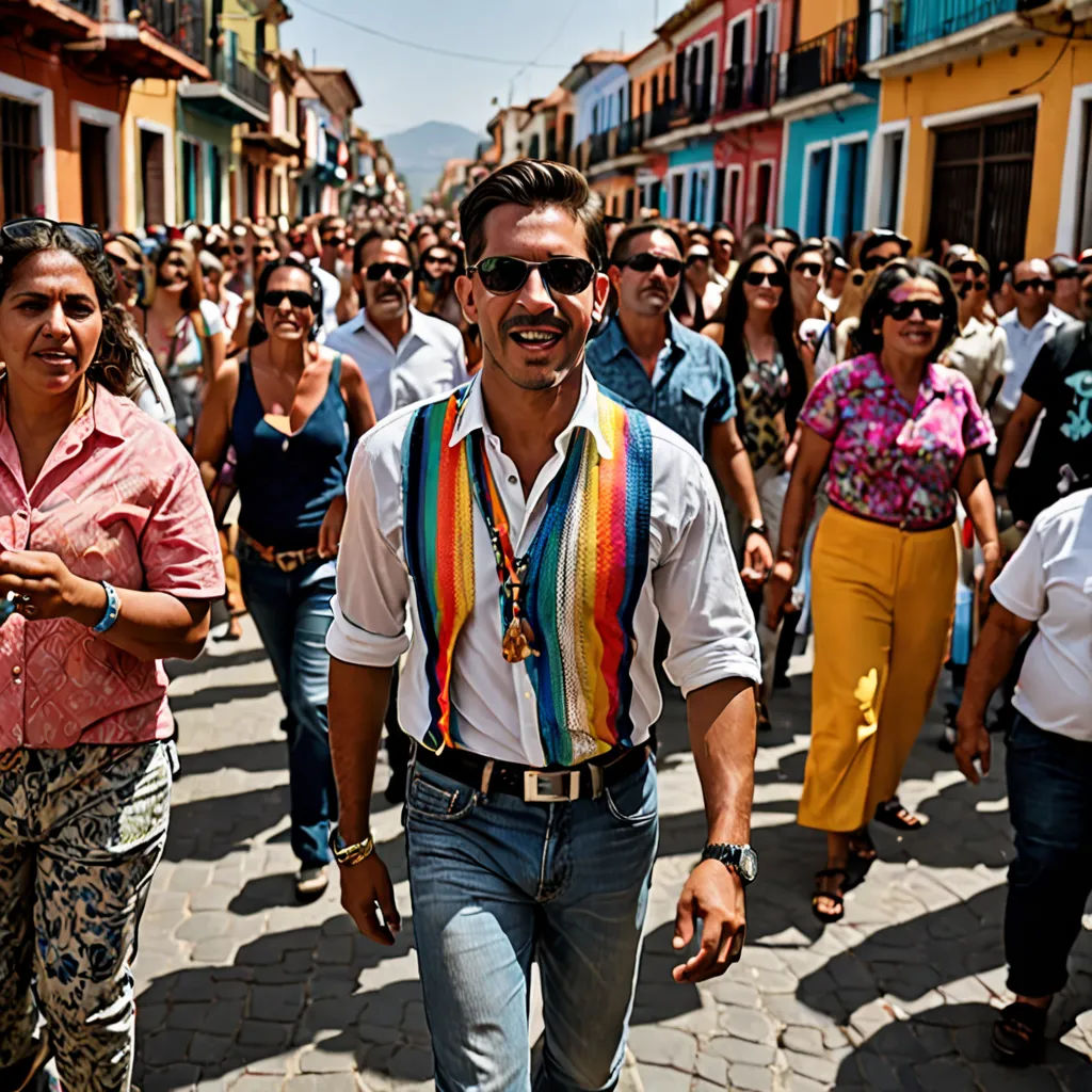 a man in a colorful vest and tie walking down a street with people in the background and a woman in a pink shirt, kitsch movement, a poster, Ceferí Olivé, promotional image