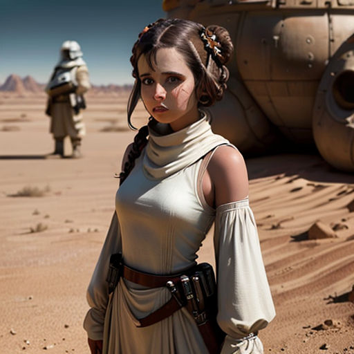 a woman in a dress standing in the desert with a star wars character in the background and a vehicle in the background