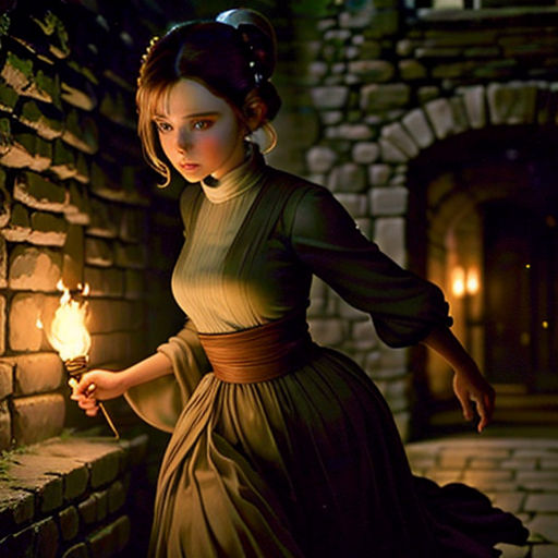 a woman in a dress holding a candle in her hand and standing next to a brick wall with a lit candle in her hand
