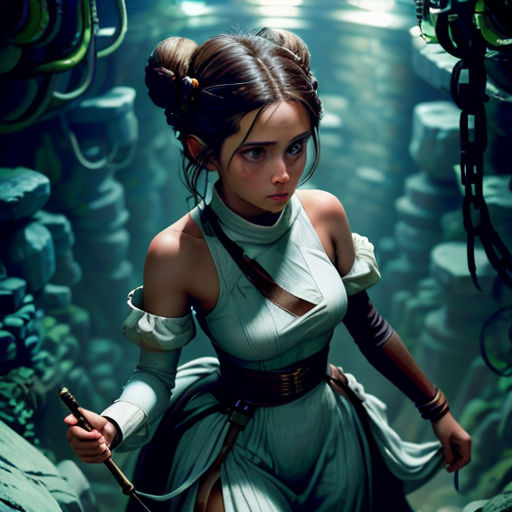 a woman in a white dress holding a sword in a cave with a lot of fish in it's mouth