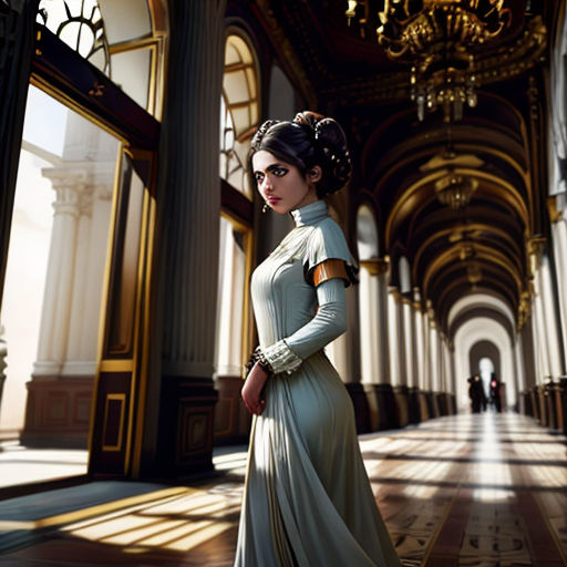 a woman in a dress standing in a hallway with a chandelier in the background and a chandelier hanging from the ceiling