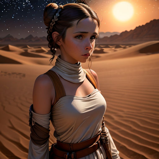 a woman in a desert with a desert background and a star filled sky in the background, with a desert scene in the foreground