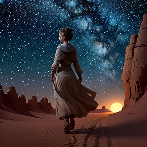a woman walking through a desert under a night sky with stars and a star filled sky above her is a desert with a star filled with sand and rocks