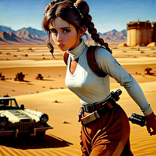 a woman in a desert with a car and a desert background with a desert scene in the background and a desert scene with a car and a woman in the foreground
