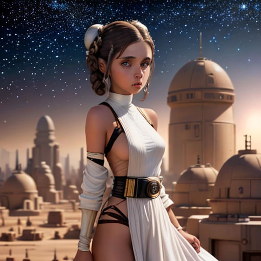 a woman in a white dress standing in front of a desert city with a star wars theme on the background