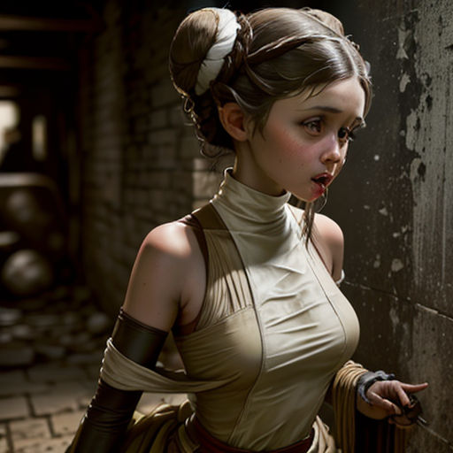 a woman in a costume is standing by a wall with a knife in her hand and looking at the camera