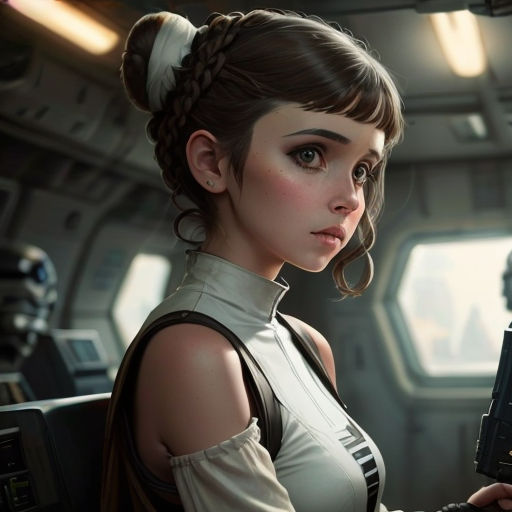 a woman in a star wars outfit holding a gun in her hand and looking at the camera with a gun in her hand