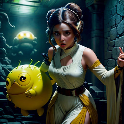 a woman in a costume holding a yellow object in a dark room with a stone wall and a yellow creature