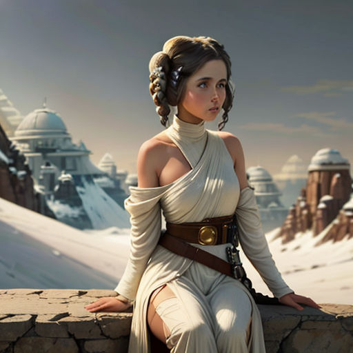 a woman in a white dress sitting on a wall with a mountain in the background and a sky in the background