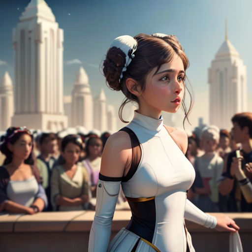 a woman in a white dress standing in front of a crowd of people in a city with tall buildings