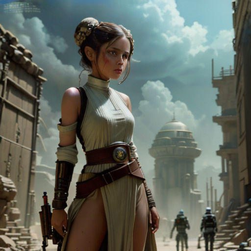 a woman in a star wars outfit standing in a street with a gun in her hand and a man in the background