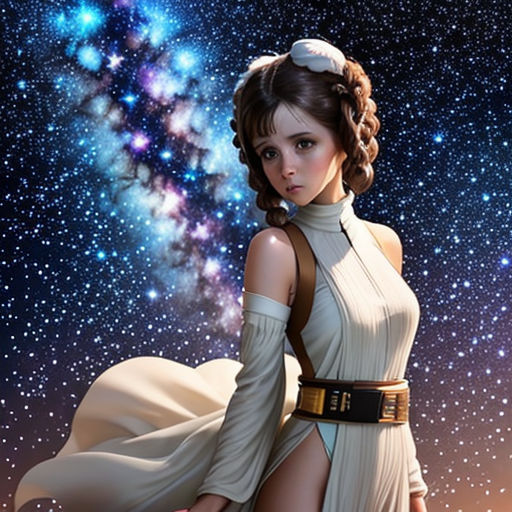 a woman in a star wars outfit standing in front of a galaxy background with stars and a star - filled sky