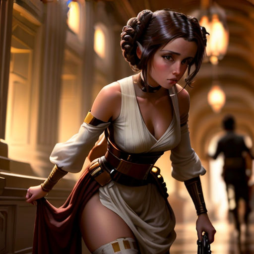 a woman in a dress holding a gun in a hallway with a man walking by her on a phone