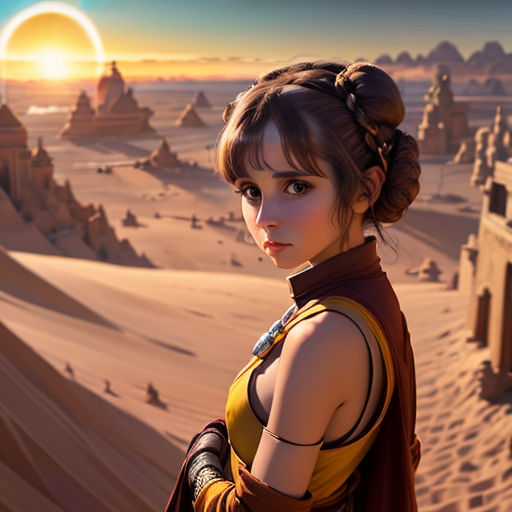 a woman in a star wars outfit standing in the desert with a desert background and a sun setting in the distance
