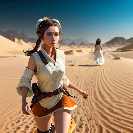 a woman in a star wars outfit walking across a desert with a gun in her hand and another woman in a white dress behind her