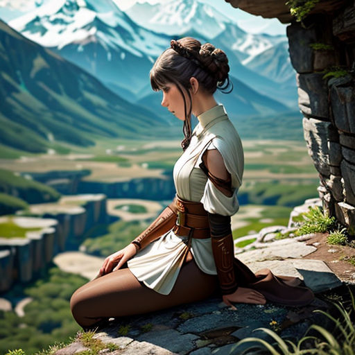 a woman in a white dress sitting on a rock wall with mountains in the background and a valley in the foreground