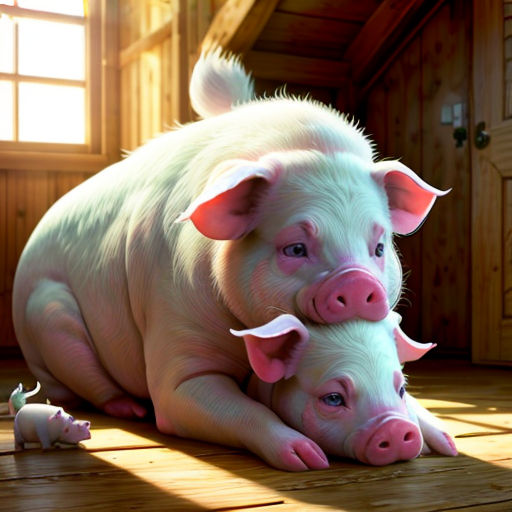 a couple of pigs laying on top of a wooden floor next to a small pig toy on the floor