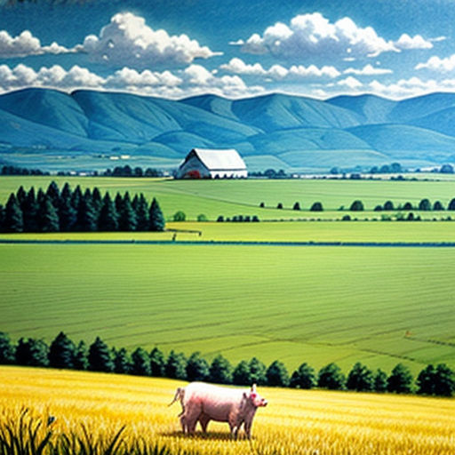 a painting of a farm scene with a pig in the foreground and a barn in the background, with mountains in the distance