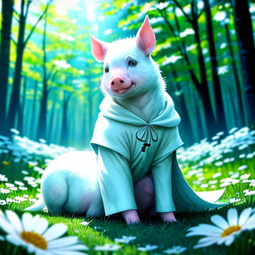 a pig sitting in the grass with a hoodie on and a flower in front of it, with a forest background