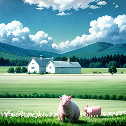 a painting of two pigs in a field with a farm in the background and a house in the distance