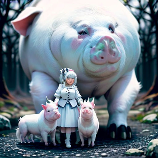 a woman standing next to two pigs in a forest with trees and rocks on the ground and a pig with two pigs on the ground