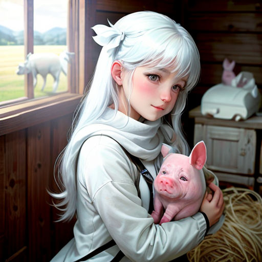 a woman holding a pig in a room with a window and a cow in the background, and a pig in the foreground