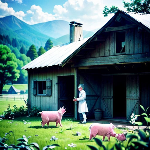 a painting of a woman standing in front of a house with pigs in the yard and a man standing in front of a house