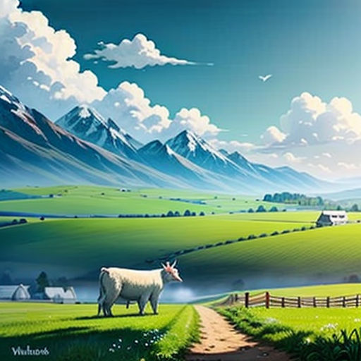 a painting of a cow standing on a dirt road in a green field with mountains in the background and a blue sky with clouds