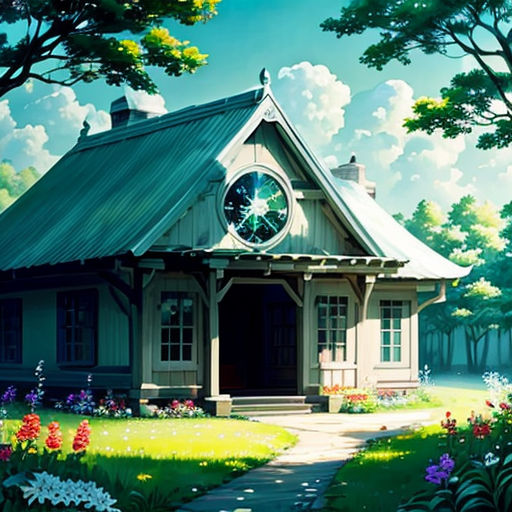 a painting of a house with a clock on the front of it's roof and a pathway leading to it